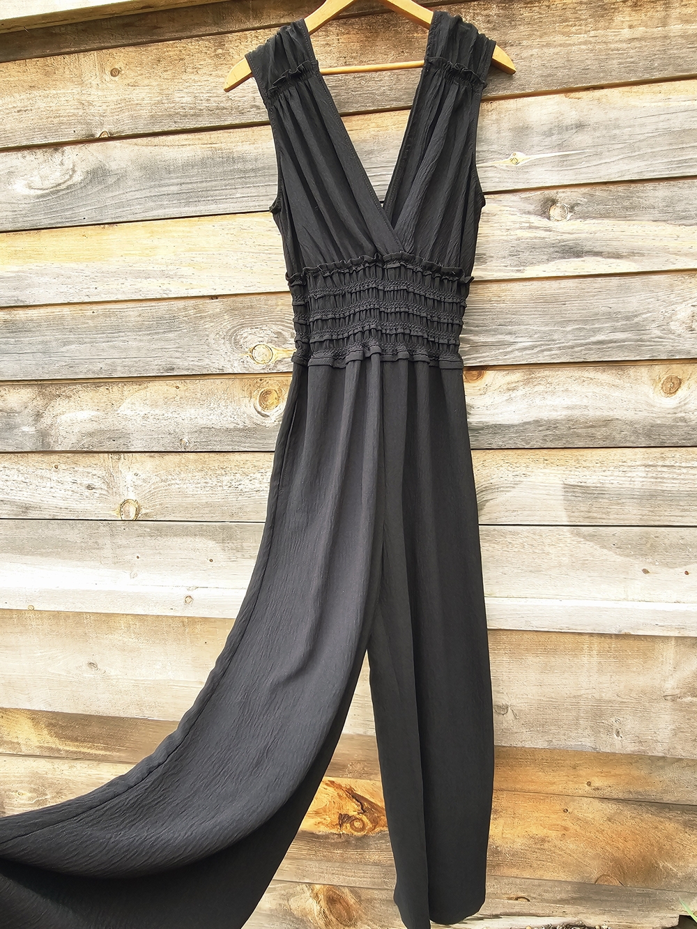 Max Studio Black Sleeveless V-Neck Smocked-Waist Jumpsuit